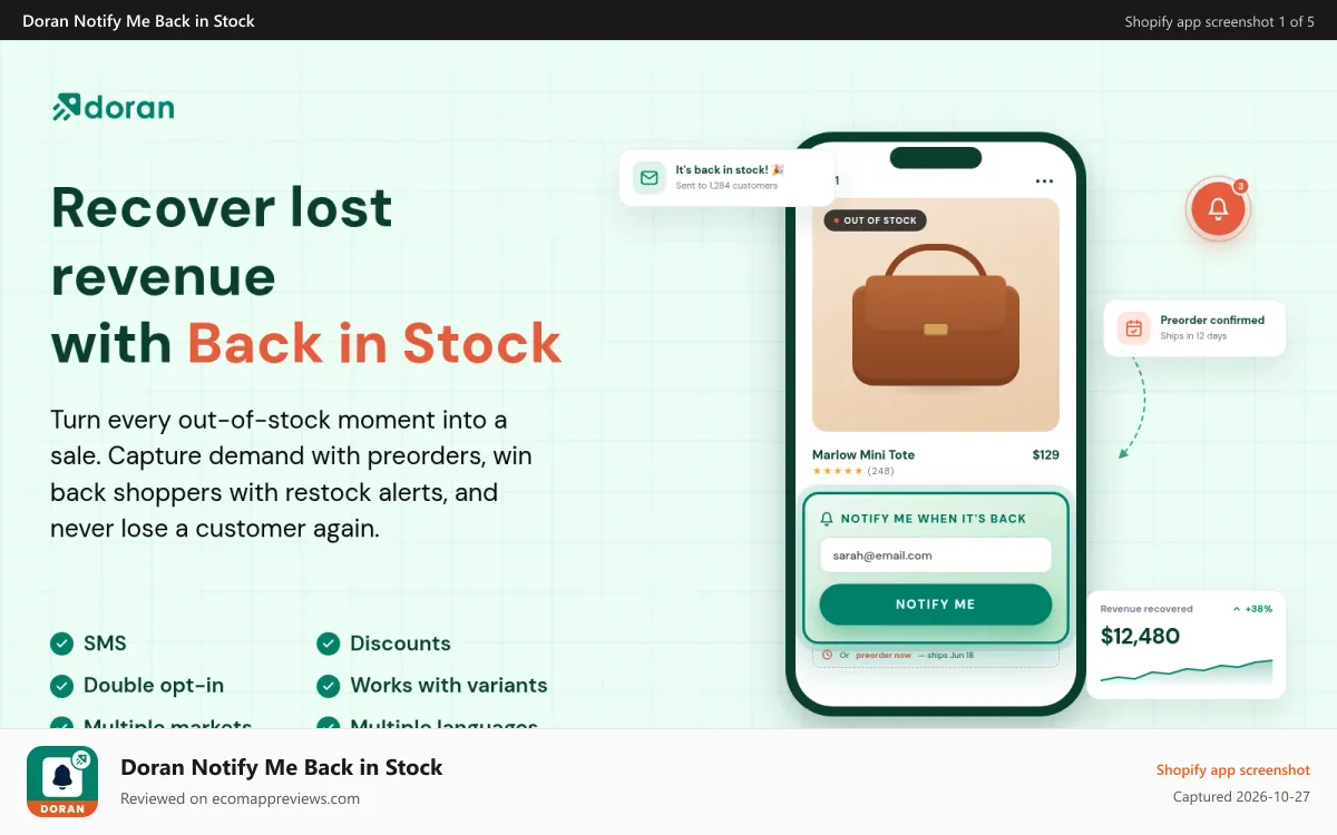 Doran Notify Me Back in Stock Shopify app screenshot: Recover lost revenue with Back in Stock