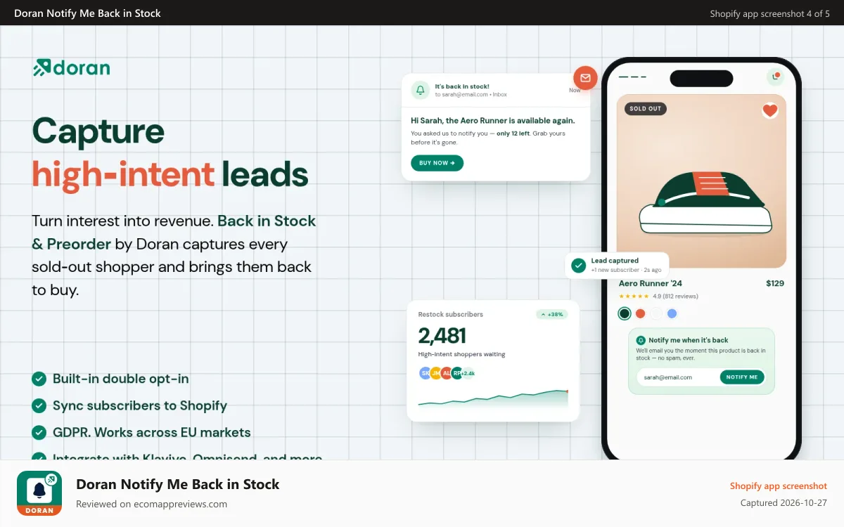 Doran Notify Me Back in Stock Shopify app screenshot: Capture high-intent leads