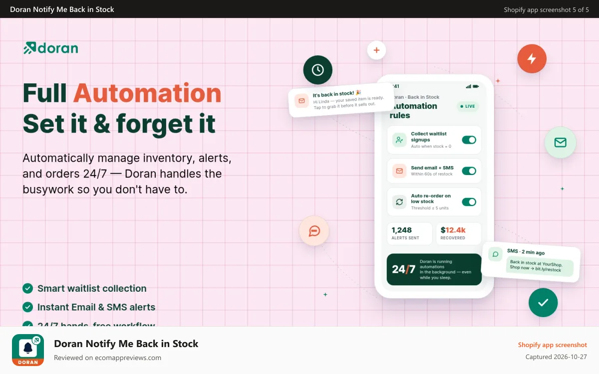 Doran Notify Me Back in Stock Shopify app screenshot: Full Automation / Set it & forget it