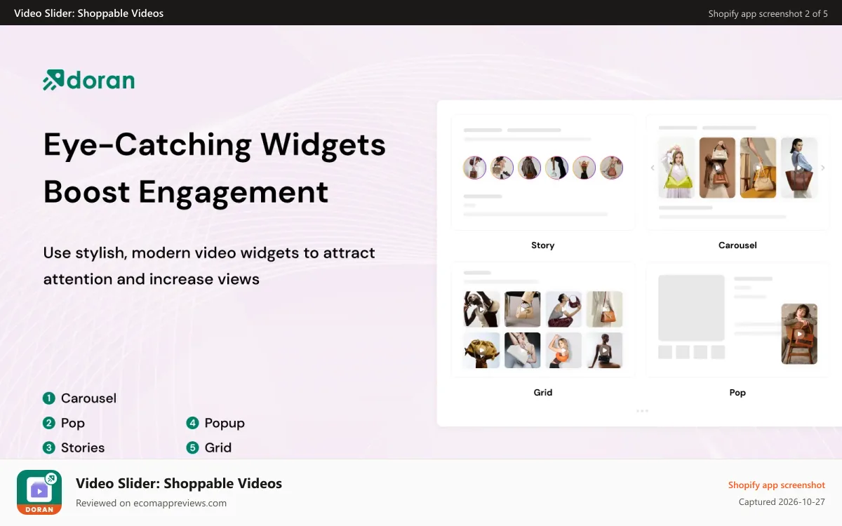Video Slider: Shoppable Videos Shopify app screenshot: Eye-Catching Widgets – Boost Engagement
