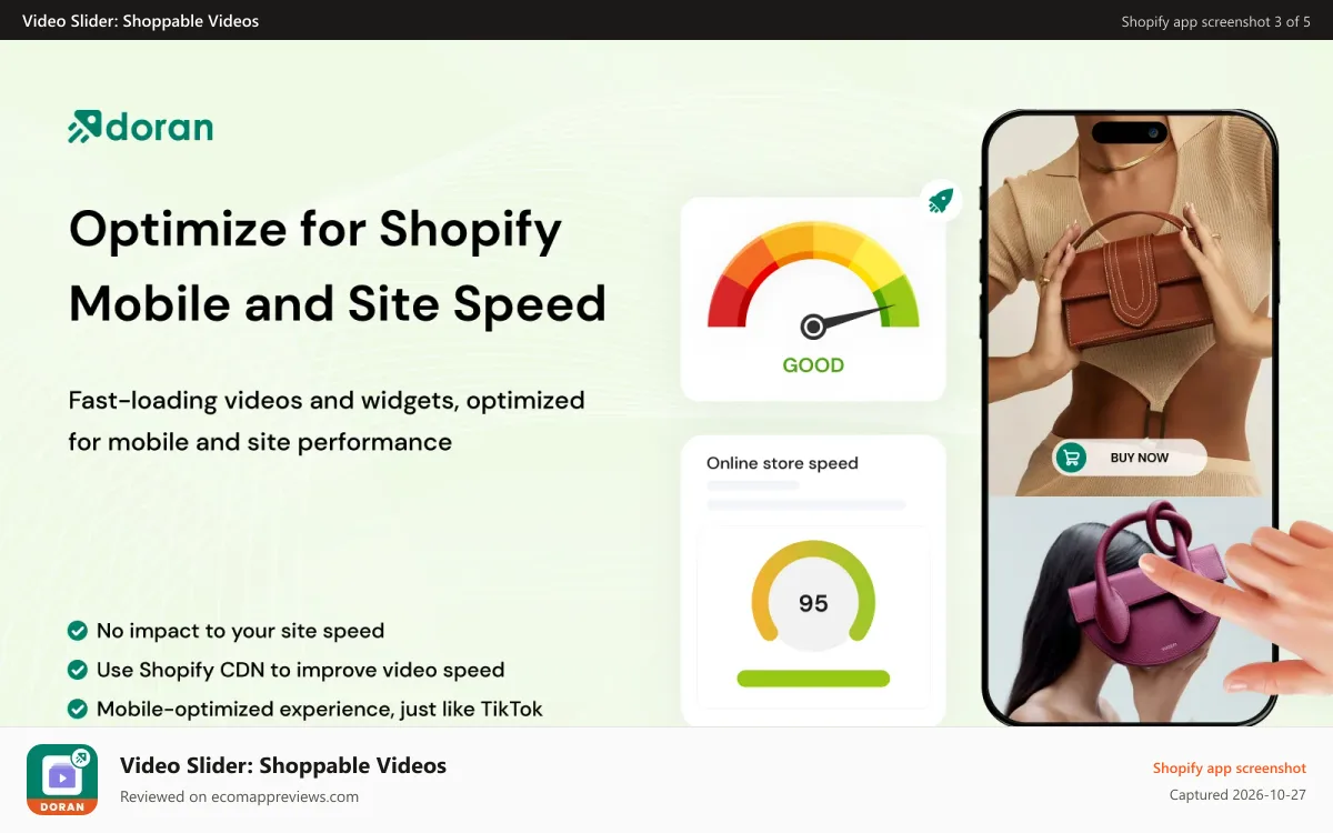 Video Slider: Shoppable Videos Shopify app screenshot: Optimize for Shopify – Mobile and Site Speed