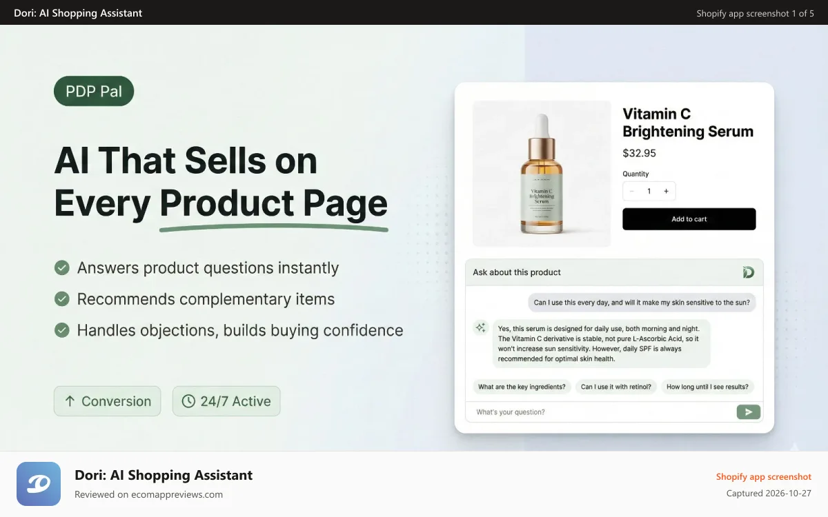 Dori: AI Shopping Assistant Shopify app screenshot: Dori AI chatbot demo with smart search and recommendations