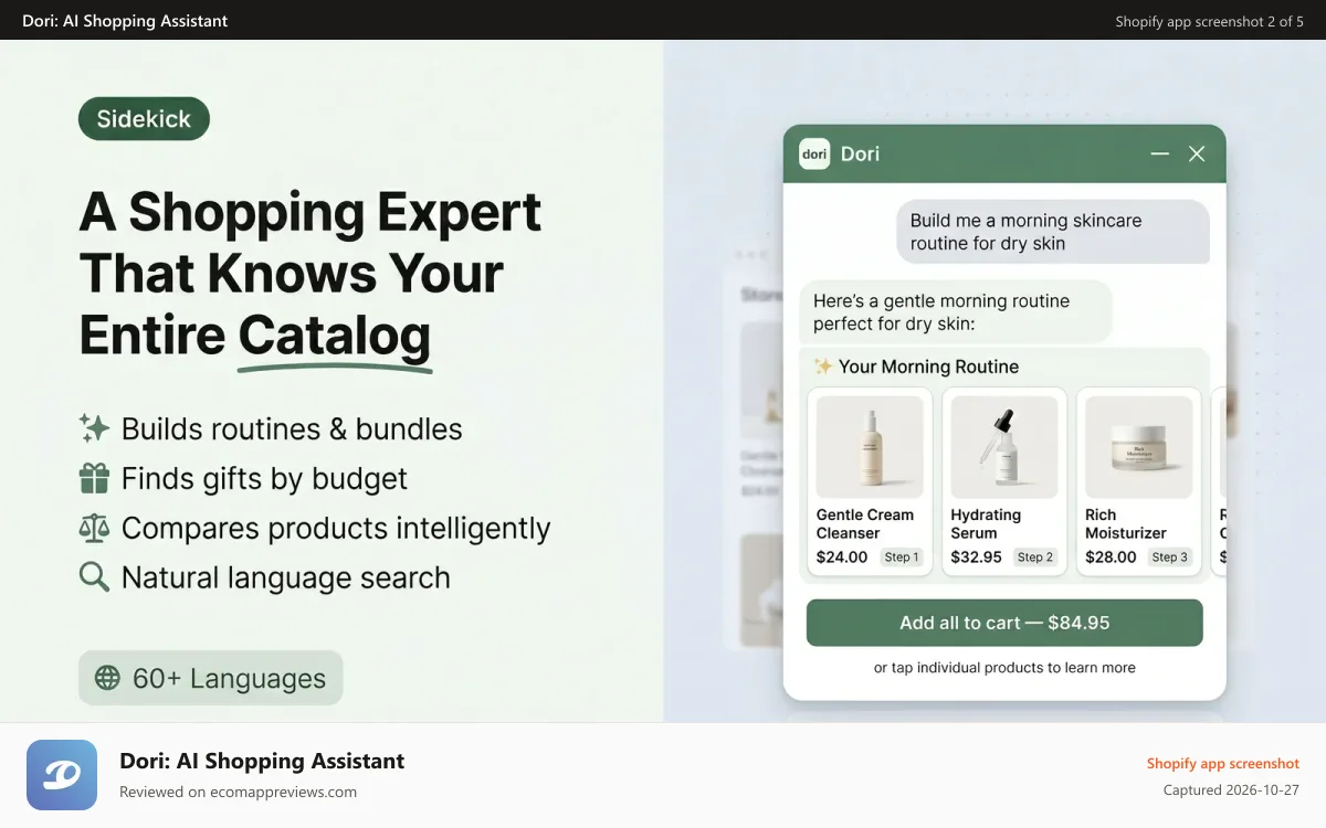 Dori: AI Shopping Assistant Shopify app screenshot: AI shopping assistant chat widget with product search on shopify