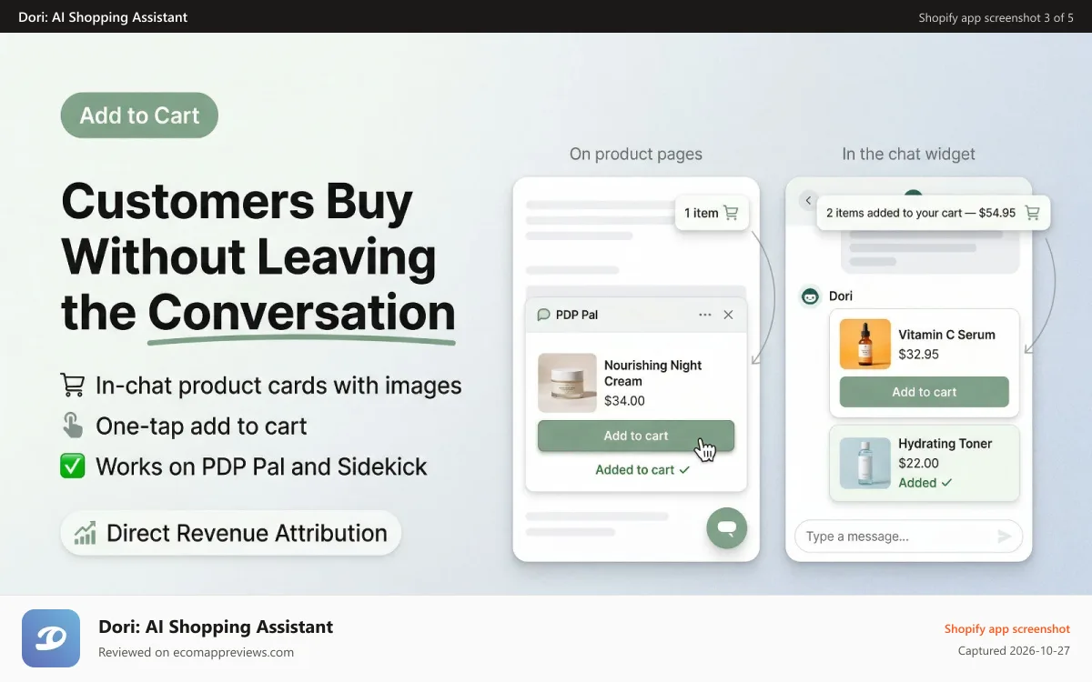 Dori: AI Shopping Assistant Shopify app screenshot: AI chatbot answering product questions on Shopify product page