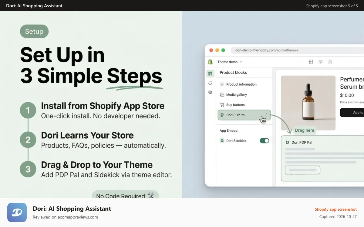 Dori: AI Shopping Assistant Shopify app screenshot: No-code Shopify chatbot setup with automatic catalog learning