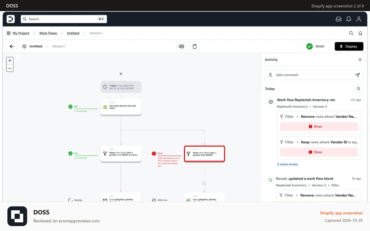 DOSS Shopify app screenshot: Workflows