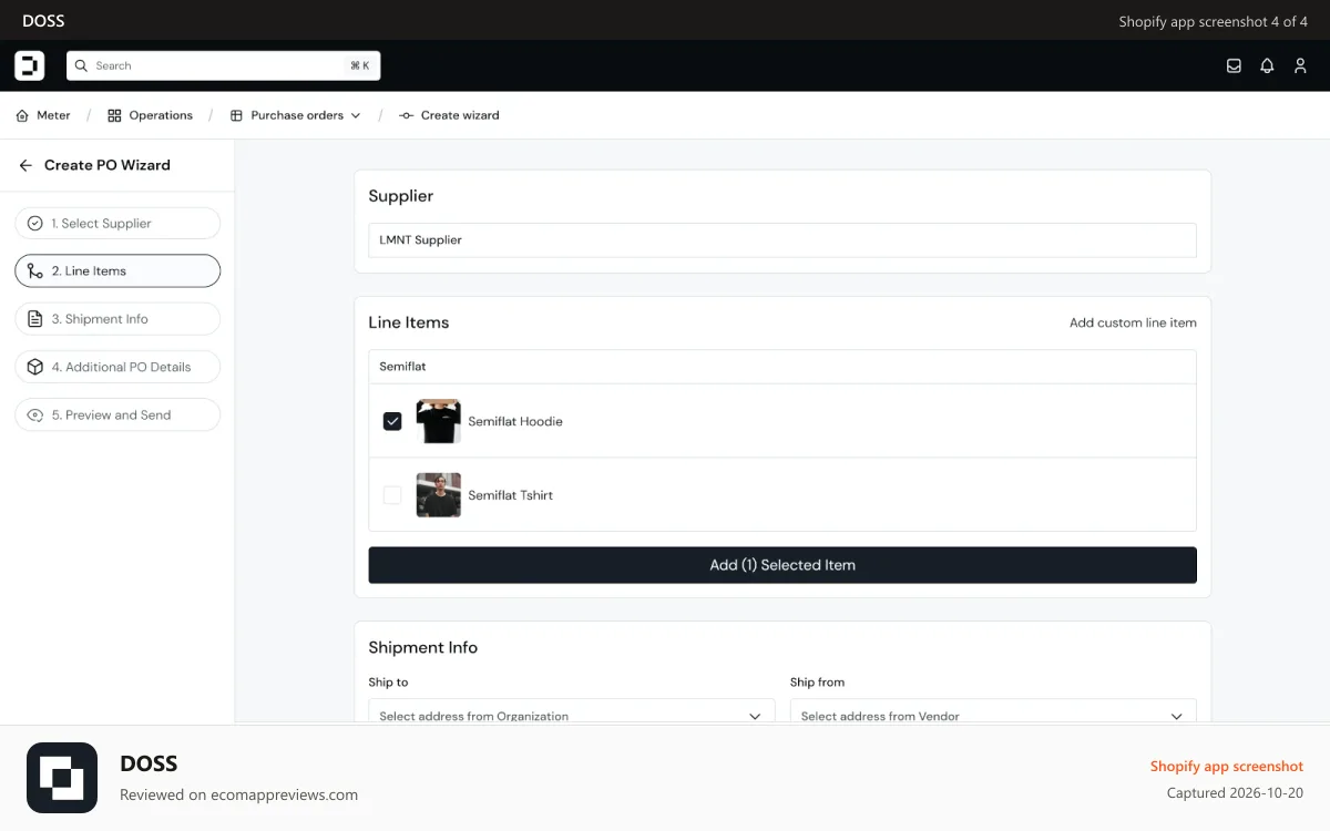 DOSS Shopify app screenshot: Purchase Order Wizard