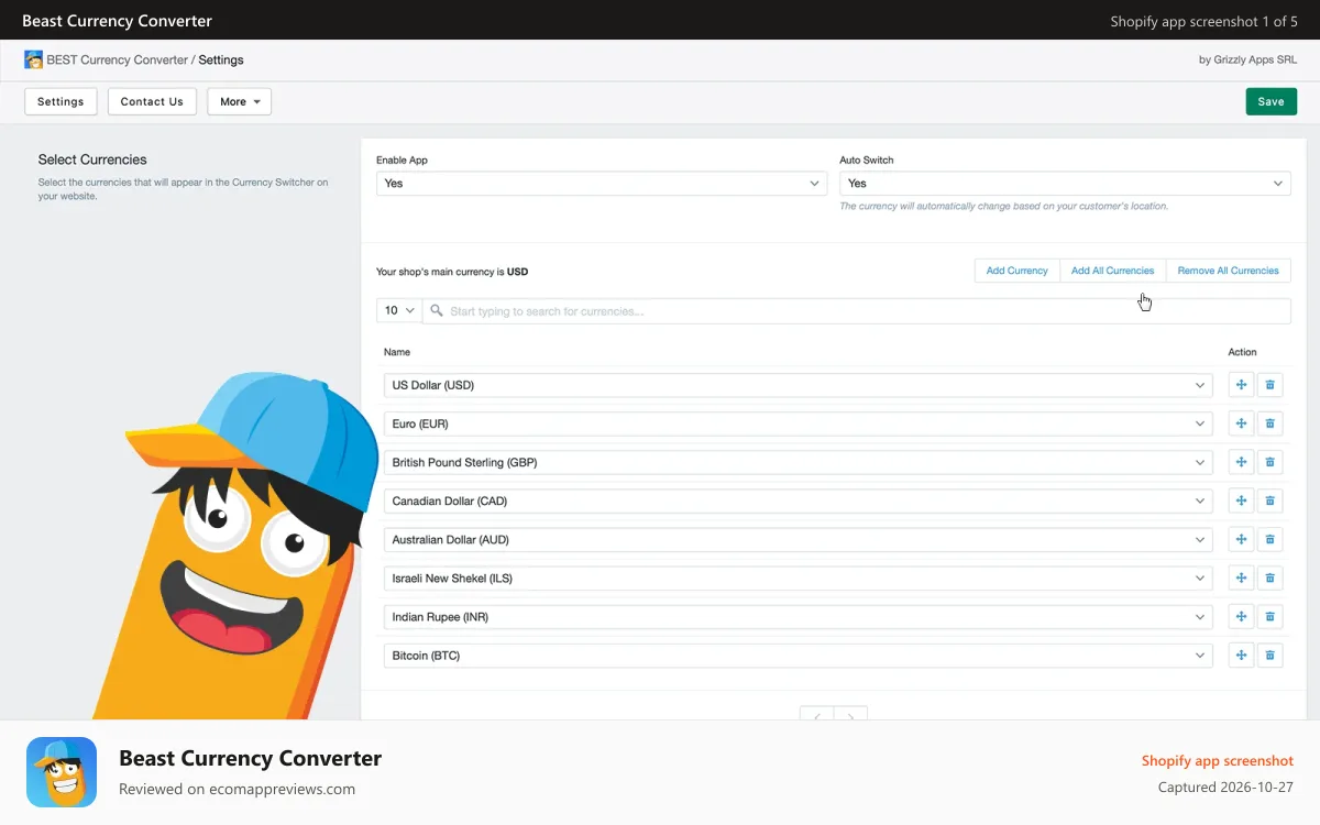 Beast Currency Converter Shopify app screenshot: Add multiple currencies