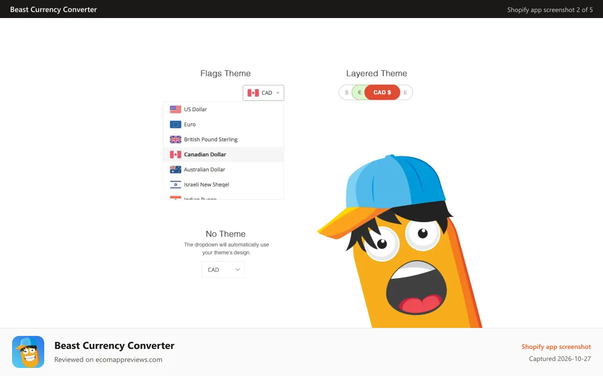 Beast Currency Converter Shopify app screenshot: Great currency converter themes