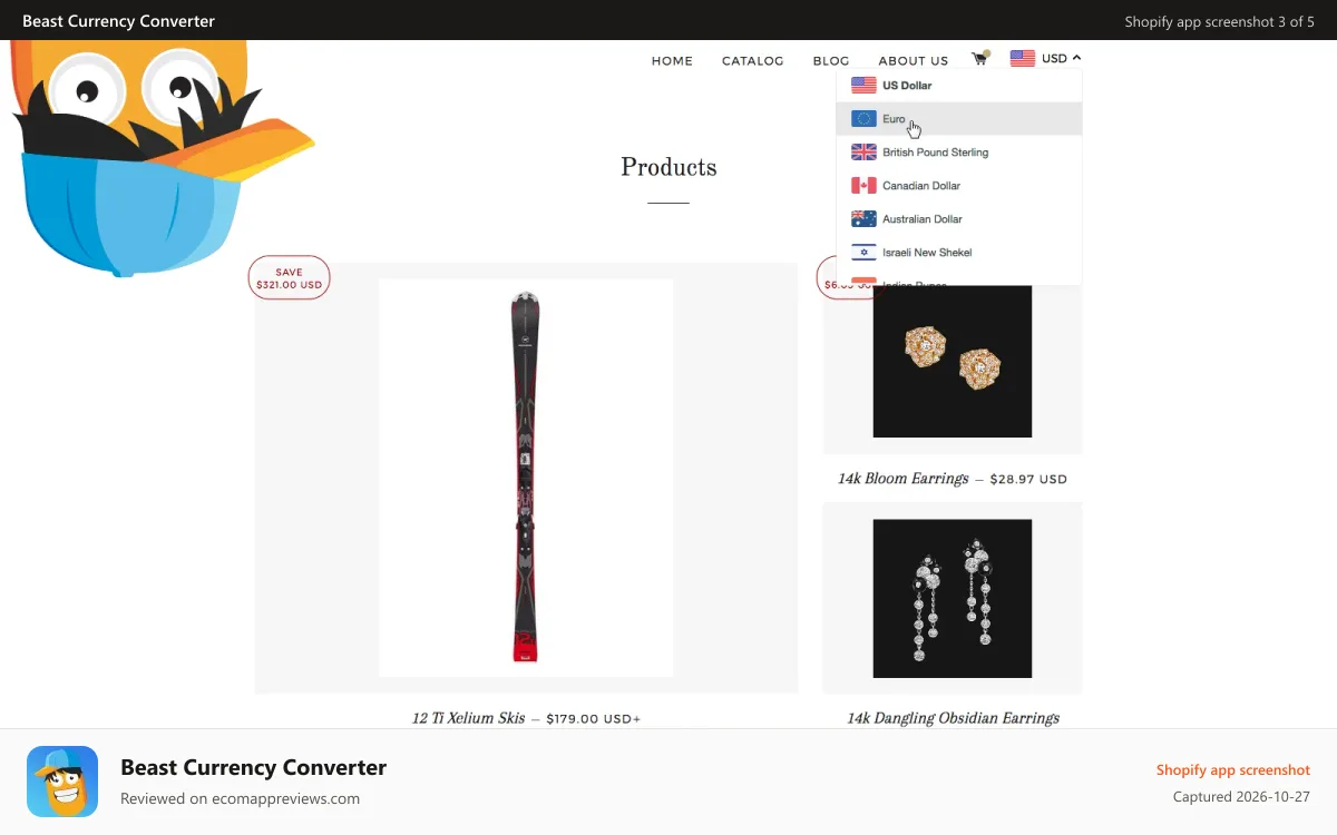 Beast Currency Converter Shopify app screenshot: Convert from USD