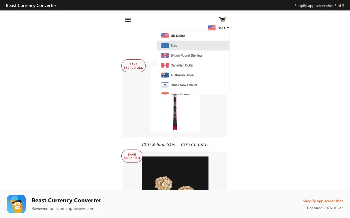 Beast Currency Converter Shopify app screenshot: Change currencies on mobile