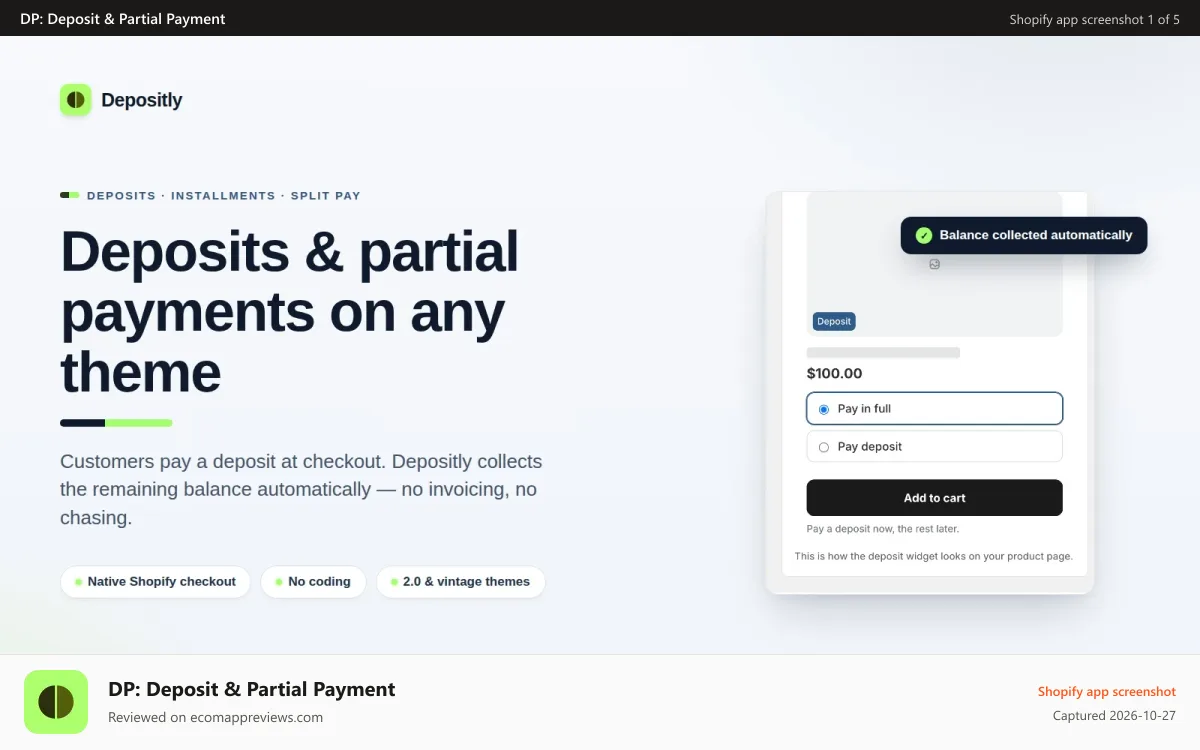 DP: Deposit & Partial Payment Shopify app screenshot: Deposits & partial payments on any theme