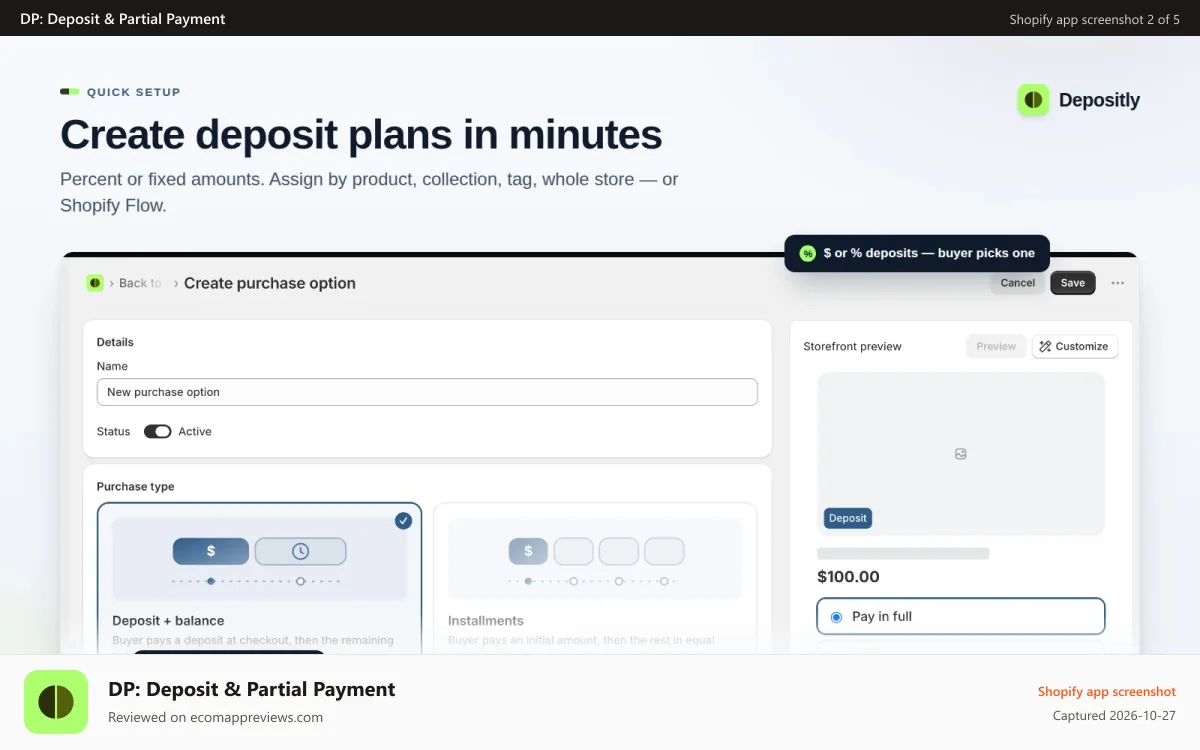 DP: Deposit & Partial Payment Shopify app screenshot: Customers pay a deposit at checkout — Depositly collects the res