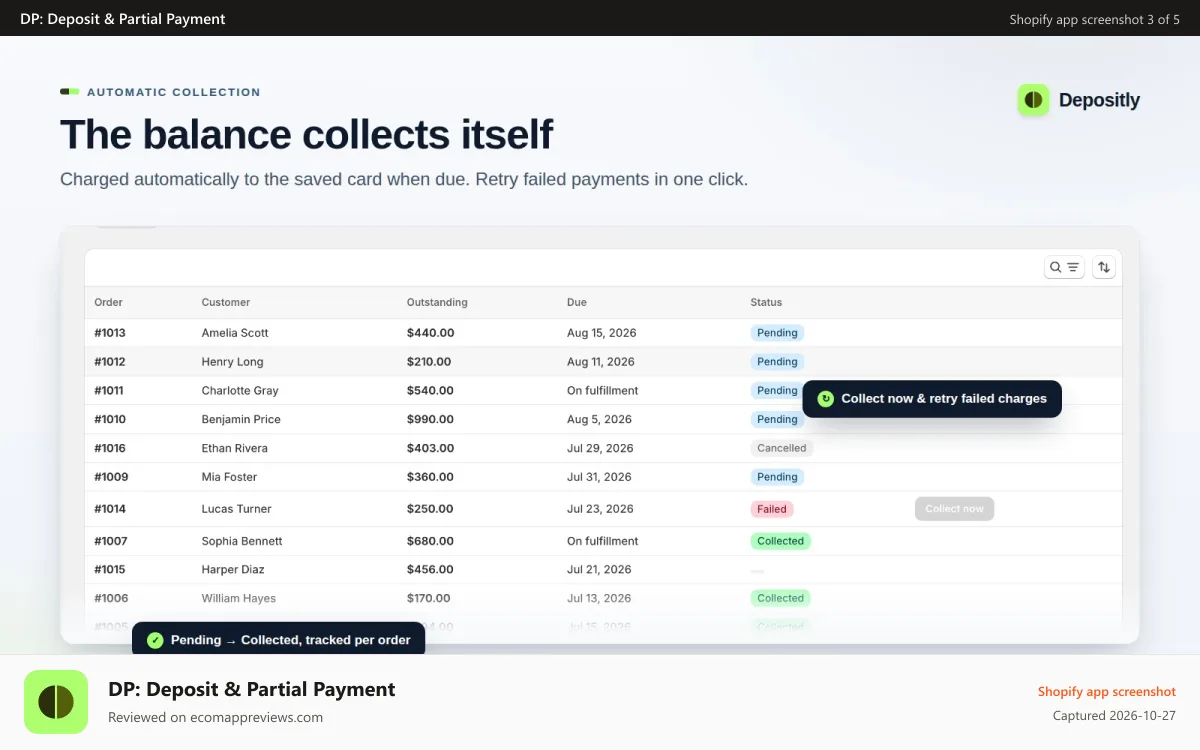 DP: Deposit & Partial Payment Shopify app screenshot: Percent or fixed deposits, installments
