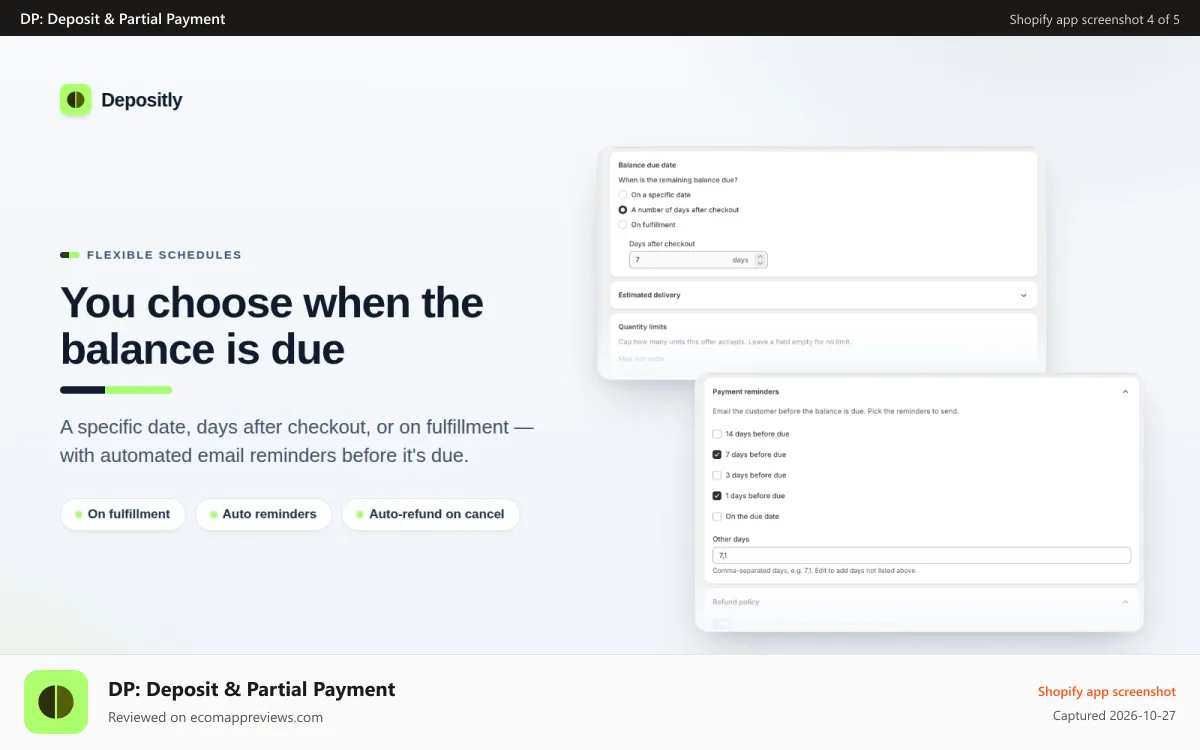 DP: Deposit & Partial Payment Shopify app screenshot: Charged automatically to the saved card when due. Retry failed p