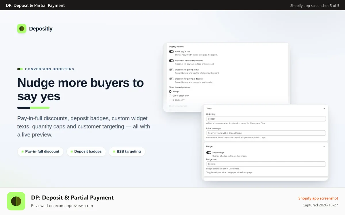 DP: Deposit & Partial Payment Shopify app screenshot: A specific date, days after checkout, or on fulfillment