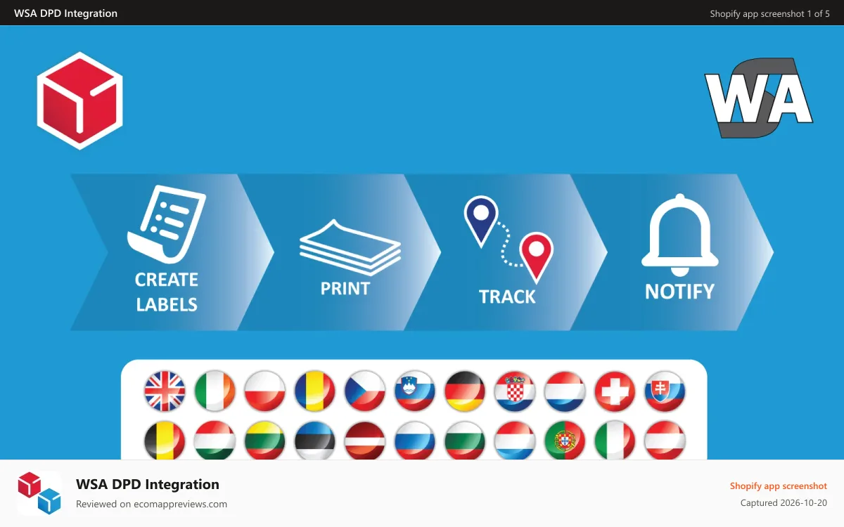 WSA DPD Integration Shopify app screenshot: DPD bulk label printing, tracking and notifications