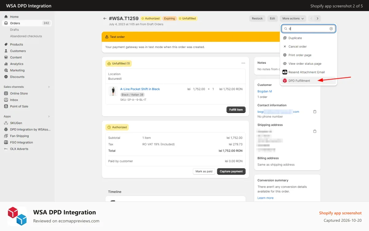 WSA DPD Integration Shopify app screenshot: DPD Order page action