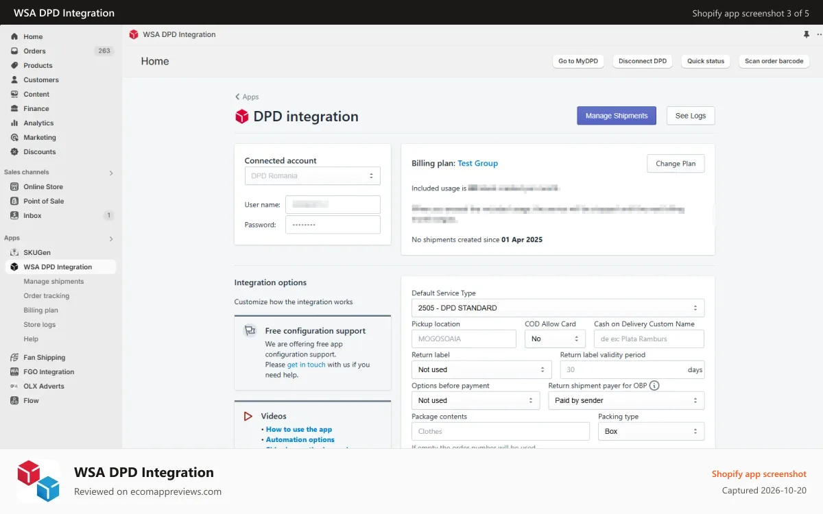WSA DPD Integration Shopify app screenshot: DPD app home page