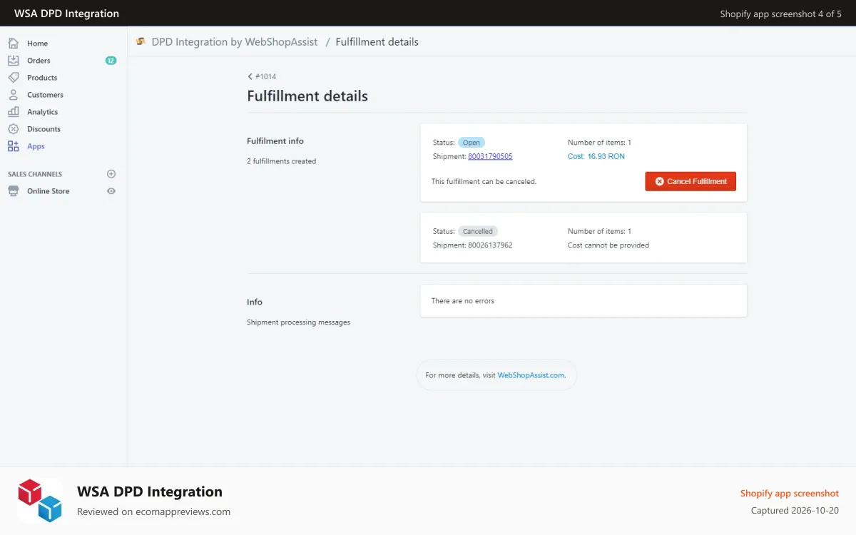 WSA DPD Integration Shopify app screenshot: DPD fulfillment details