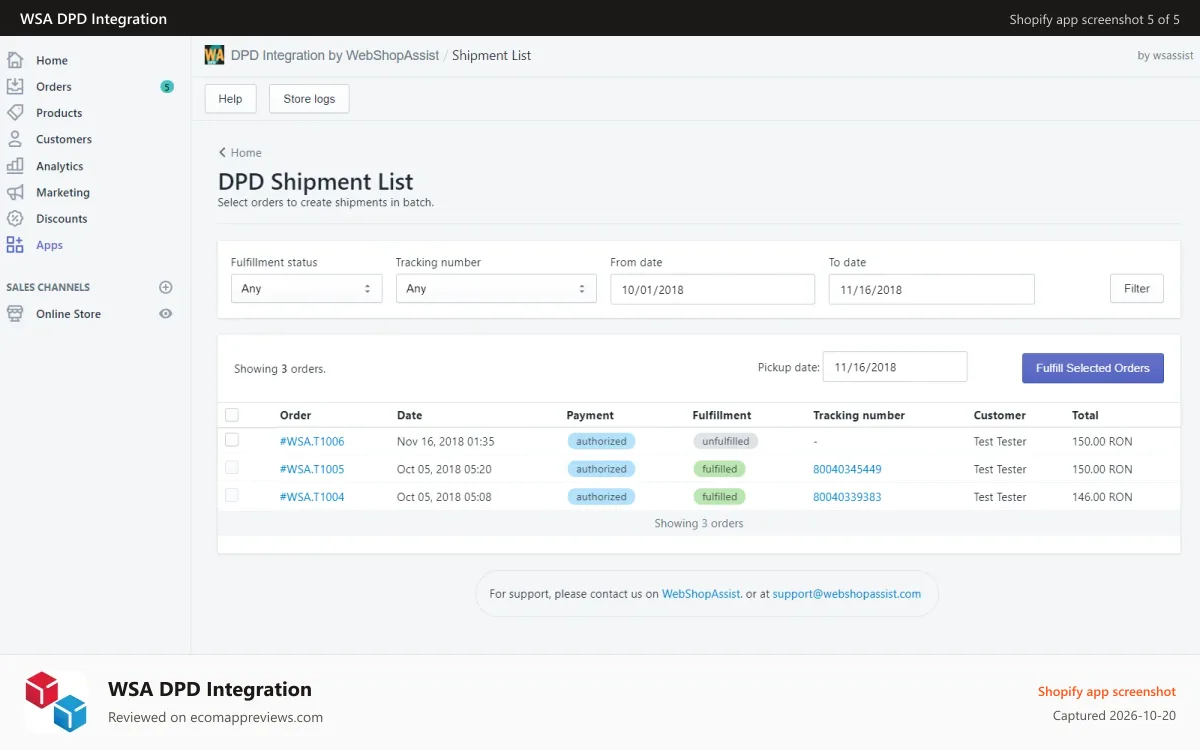 WSA DPD Integration Shopify app screenshot: DPD batch fulfillment page