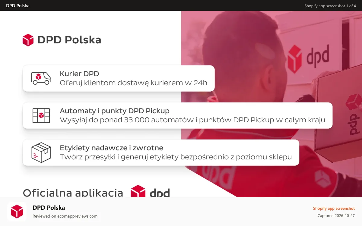 DPD Polska Shopify app screenshot: Wysyłka kurierem DPD i do punktów DPD Pickup, etykiety nadawcze