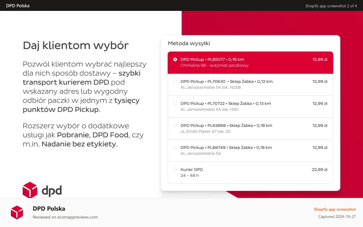 DPD Polska Shopify app screenshot: Metody wysyłki Kurier DPD i Punkt DPD Pickup, DPD Food, pobranie