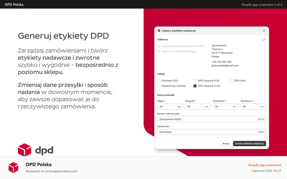 DPD Polska Shopify app screenshot: Etykiety nadawcze DPD i etykiety zwrotne bezpośrednio w sklepie