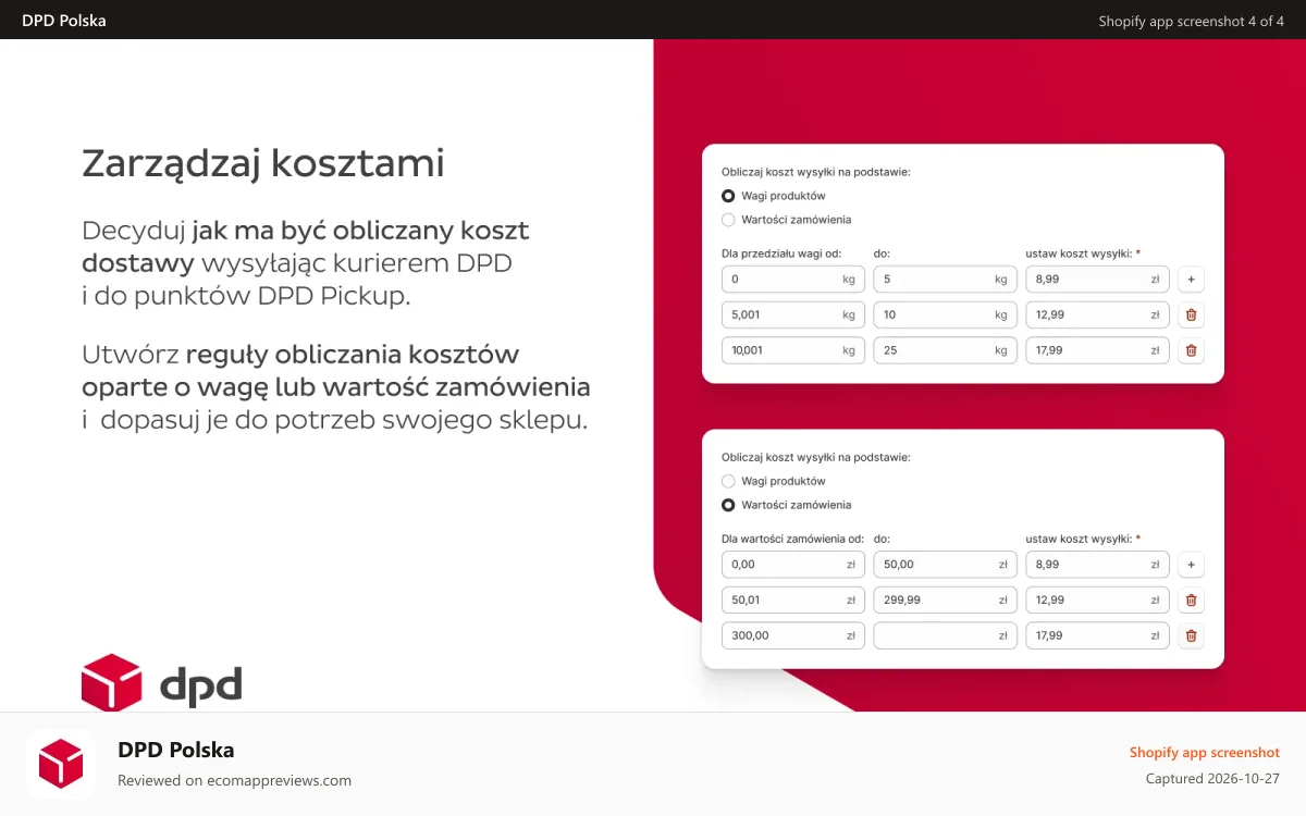 DPD Polska Shopify app screenshot: Dostawa DPD, koszt wysyłki oparty o wagę lub cenę zamówienia