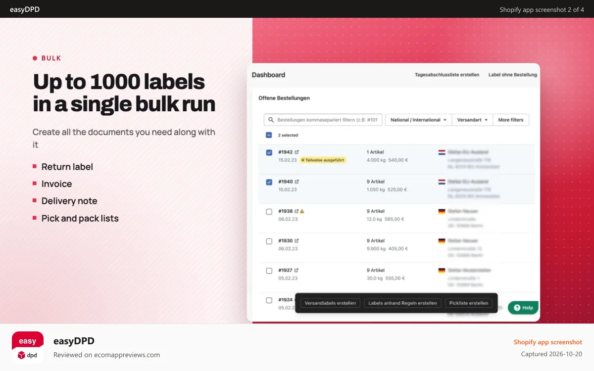 easyDPD Shopify app screenshot: Up to 1000 shipping labels within one batch process