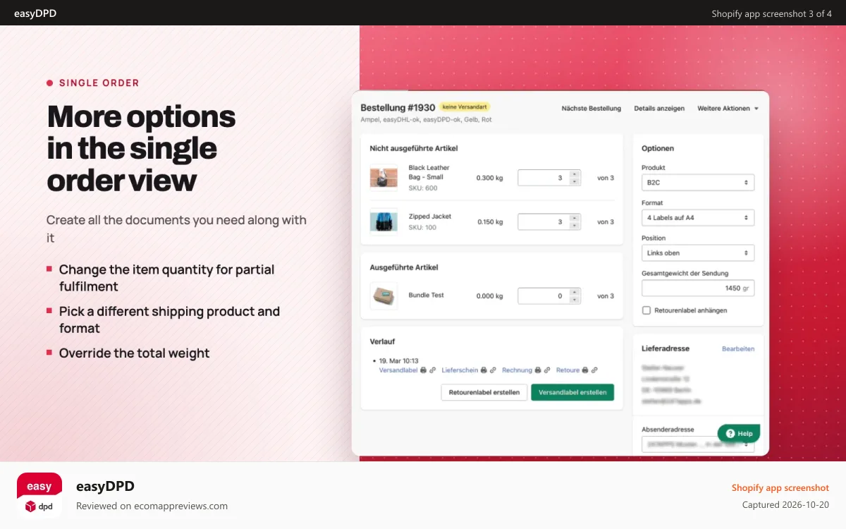 easyDPD Shopify app screenshot: Additional options in the single creation