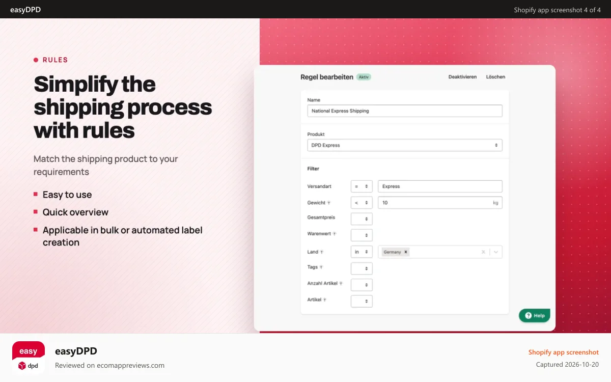easyDPD Shopify app screenshot: Simplify the shipping with rule based label creation