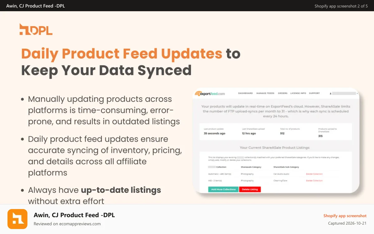 Awin, CJ Product Feed ‑DPL Shopify app screenshot: Daily Product Sync
