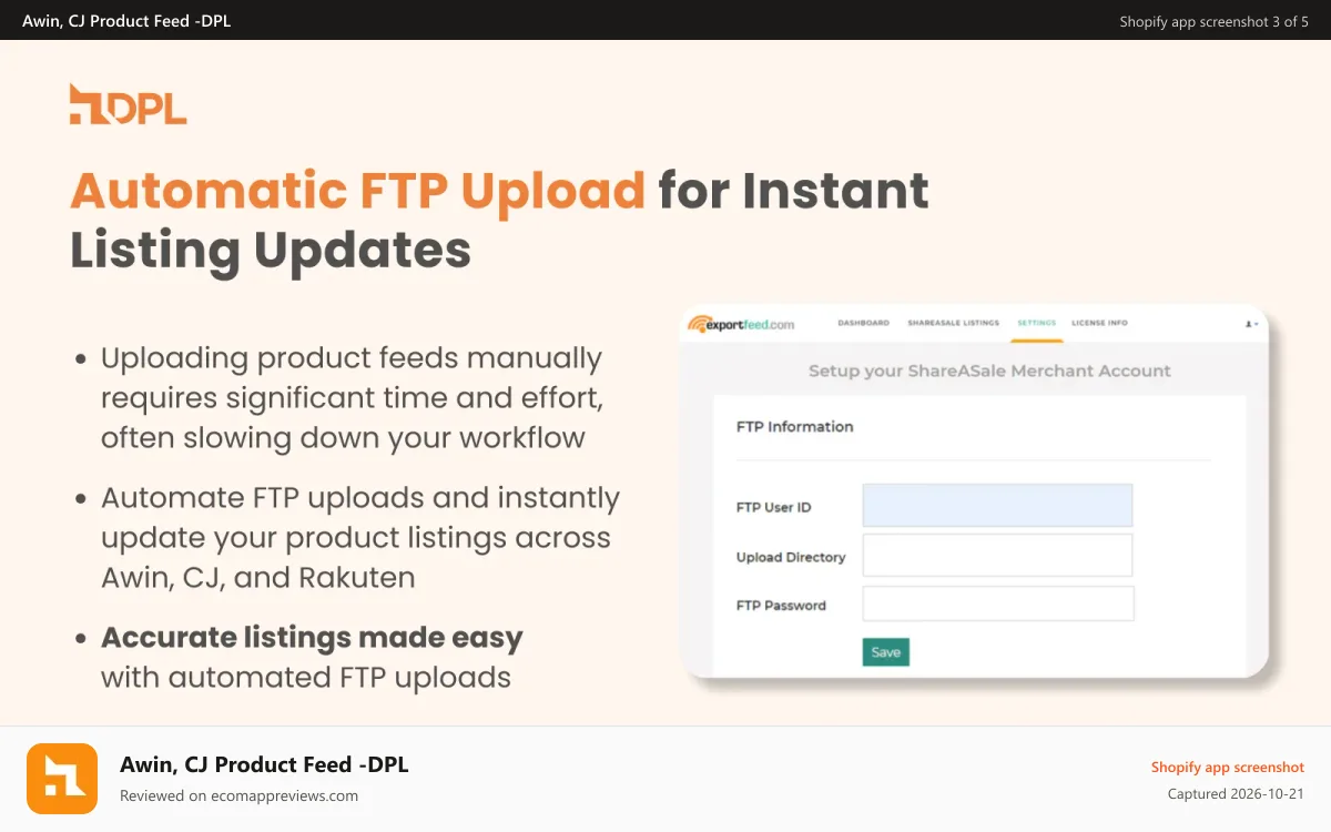 Awin, CJ Product Feed ‑DPL Shopify app screenshot: Automatic FTP Upload