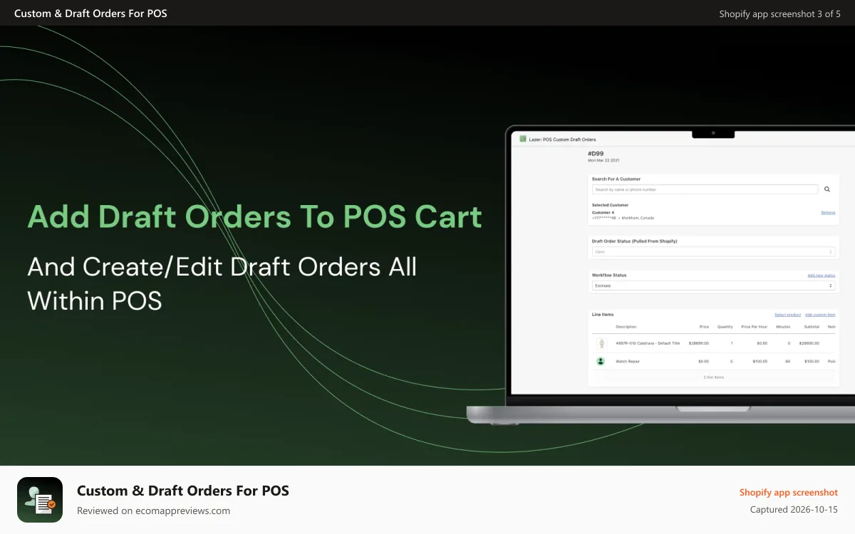 Custom & Draft Orders For POS Shopify app screenshot: Create & Edit Draft Order For POS, & Add Draft Order To POS Cart