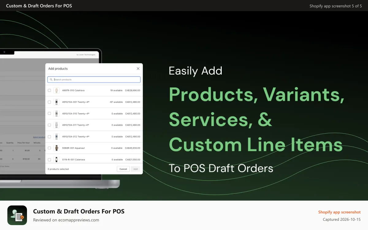 Custom & Draft Orders For POS Shopify app screenshot: Select A Product To Add To Your Draft Order In POS
