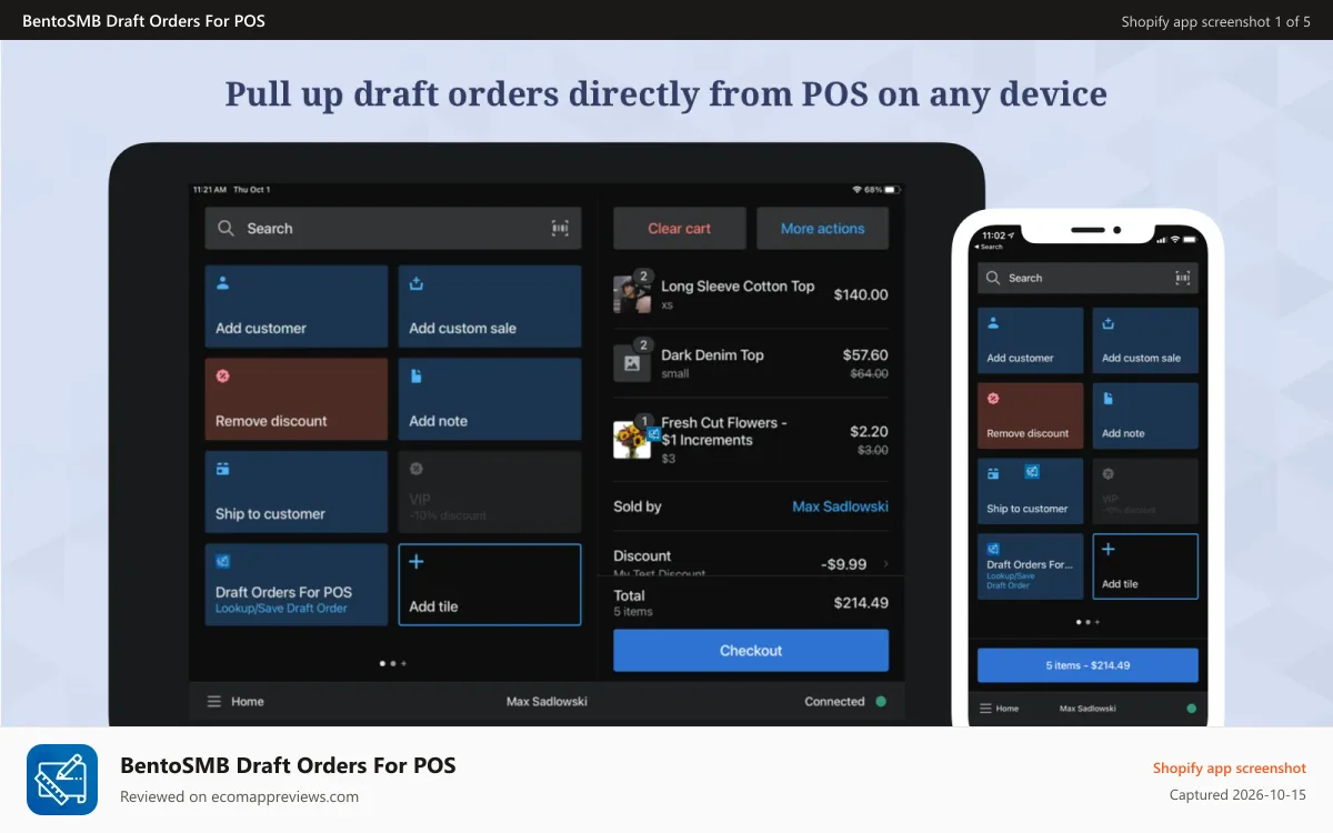 BentoSMB Draft Orders For POS Shopify app screenshot: Pull up draft orders directly from POS on any device