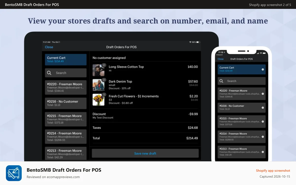 BentoSMB Draft Orders For POS Shopify app screenshot: View your stores drafts and search on number, email, and name