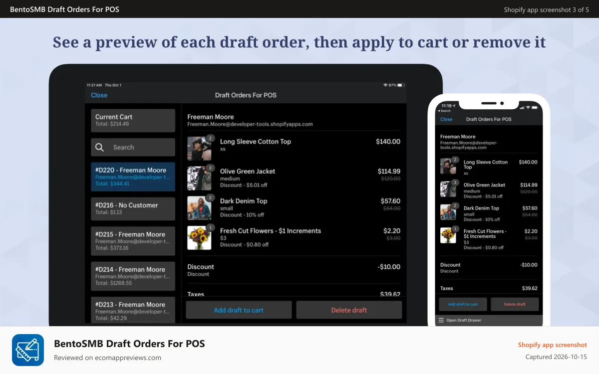 BentoSMB Draft Orders For POS Shopify app screenshot: See a preview of each draft, then apply to cart or remove it