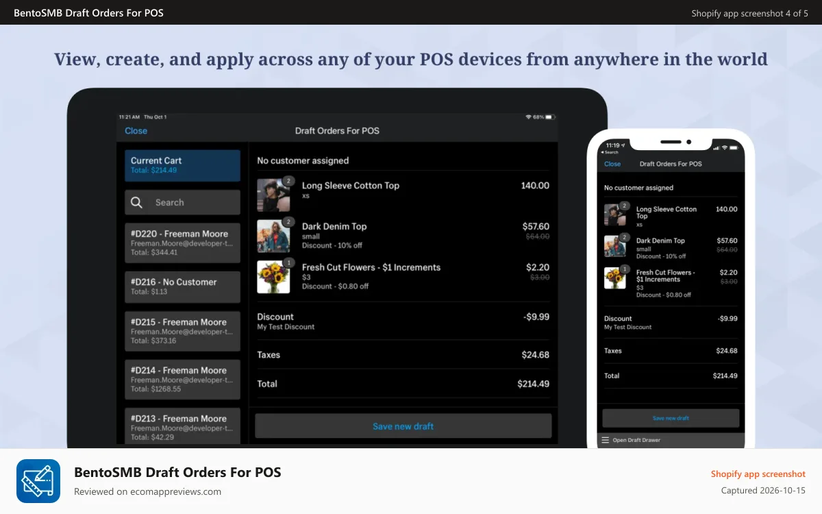 BentoSMB Draft Orders For POS Shopify app screenshot: View, create, and apply across any of your POS devices globally