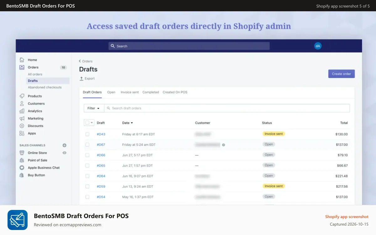 BentoSMB Draft Orders For POS Shopify app screenshot: Access saved draft orders directly in Shopify admin