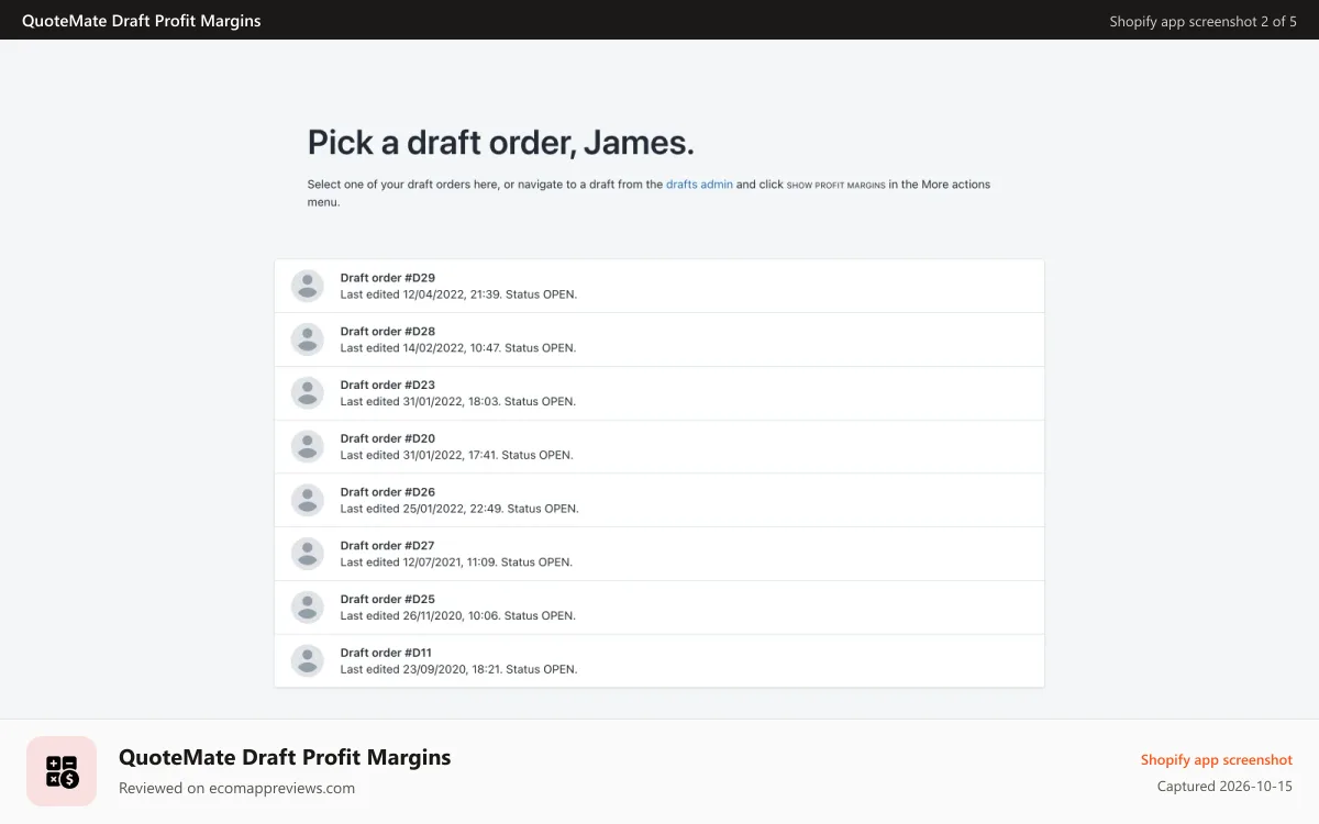 QuoteMate Draft Profit Margins Shopify app screenshot: Picking a draft order to calculate profit margins for in Shopify