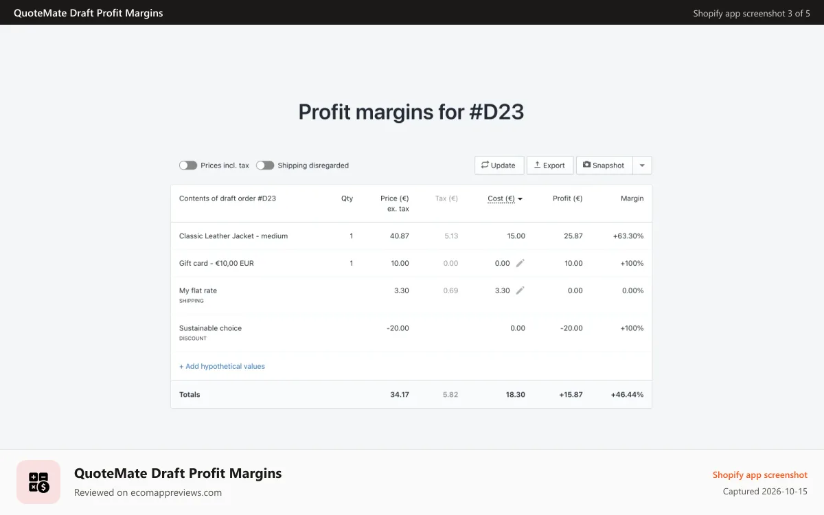QuoteMate Draft Profit Margins Shopify app screenshot: Main app screen showing the profit margins table for an order