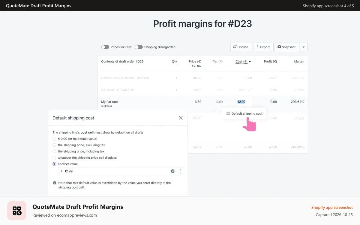 QuoteMate Draft Profit Margins Shopify app screenshot: Calculate profit margins based on custom shipping cost