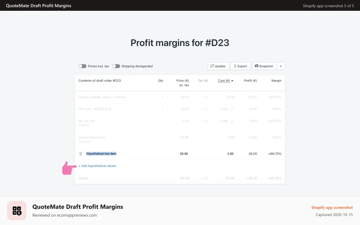 QuoteMate Draft Profit Margins Shopify app screenshot: Adding hypothetical order content to draft orders in Shopify