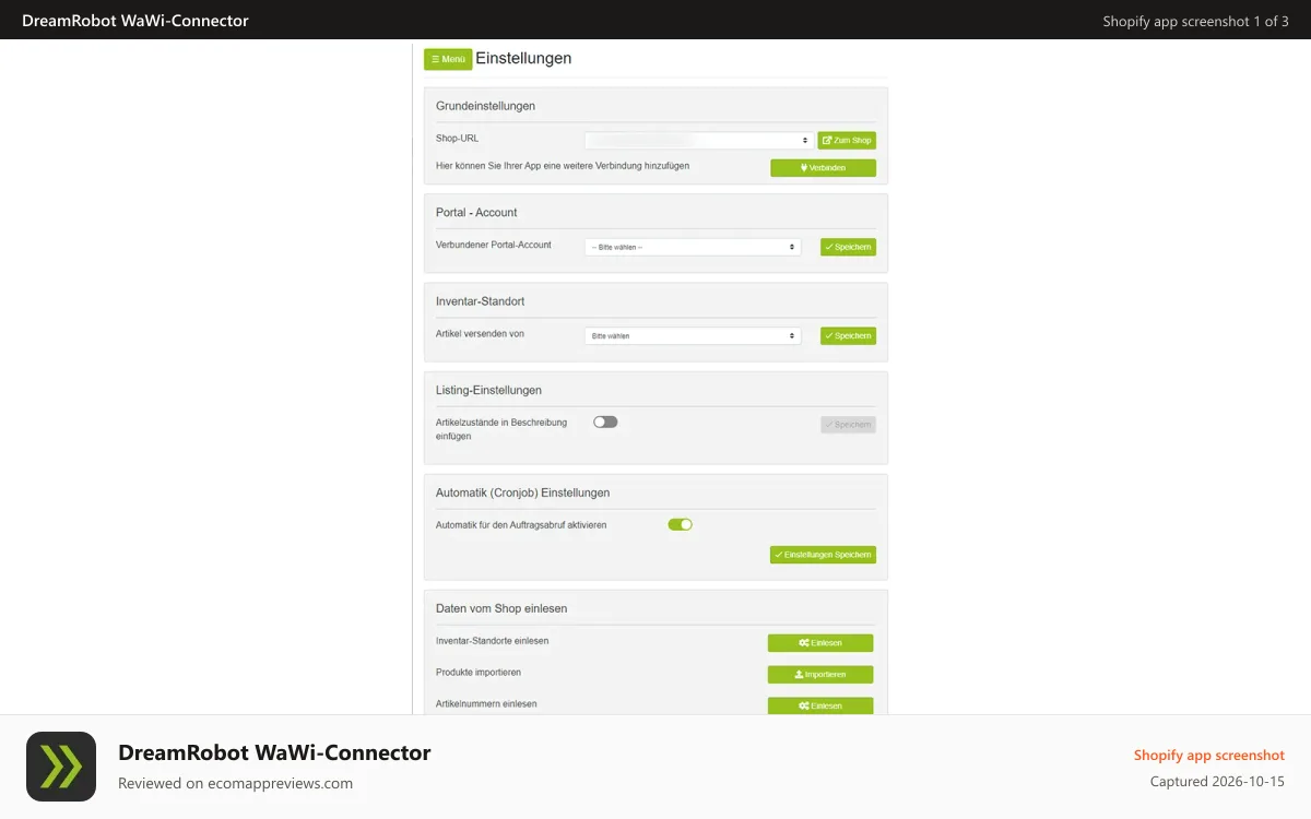DreamRobot WaWi‑Connector Shopify app screenshot: DreamRobot Connector App Settings