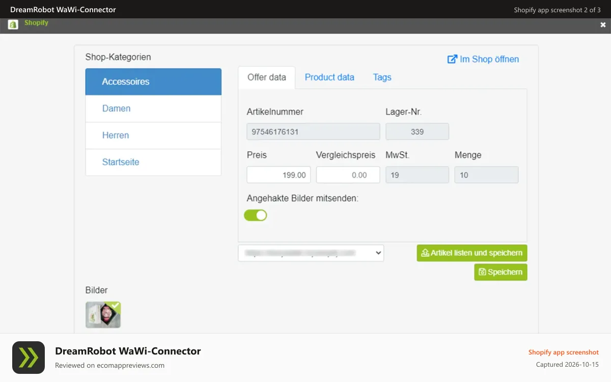 DreamRobot WaWi‑Connector Shopify app screenshot: DreamRobot Connector App Listing