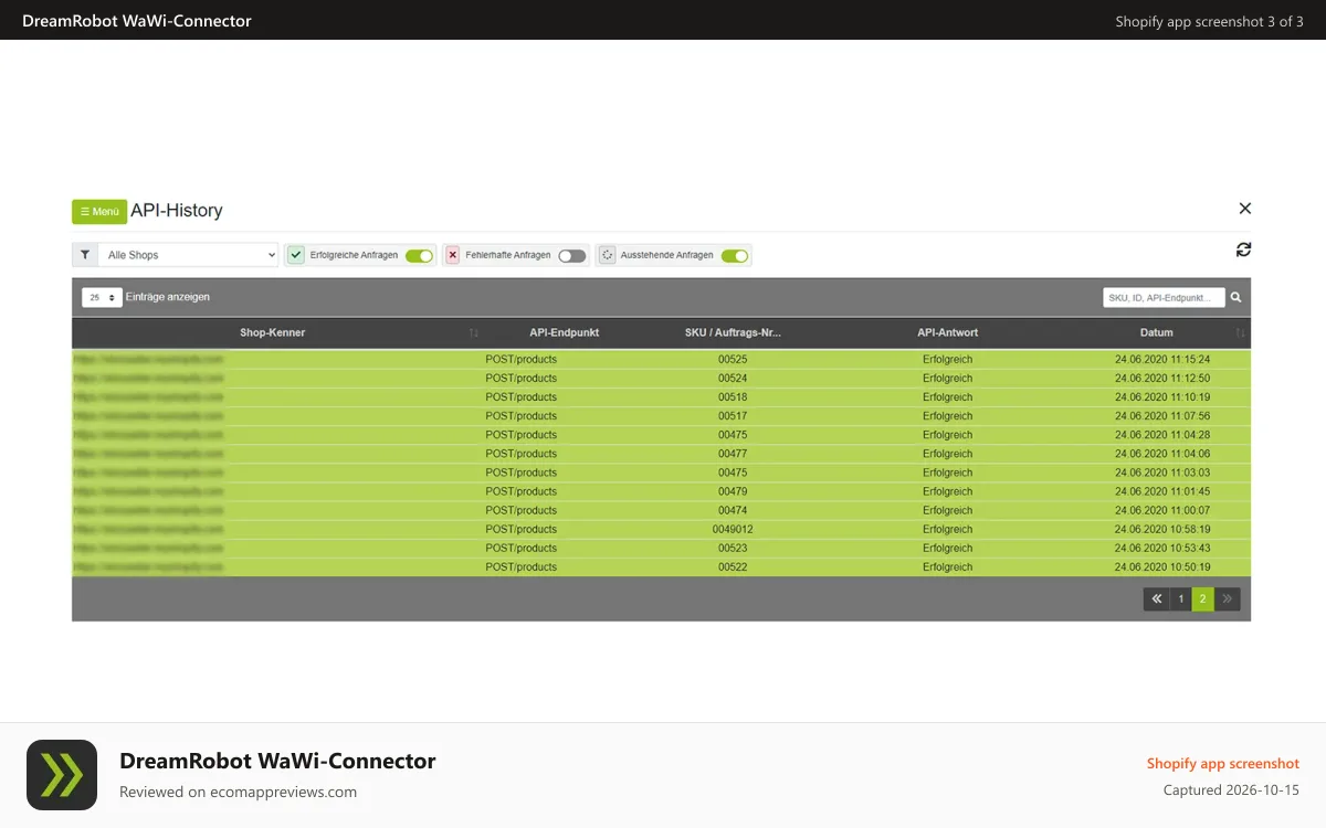 DreamRobot WaWi‑Connector Shopify app screenshot: DreamRobot Connector App Import-Historie