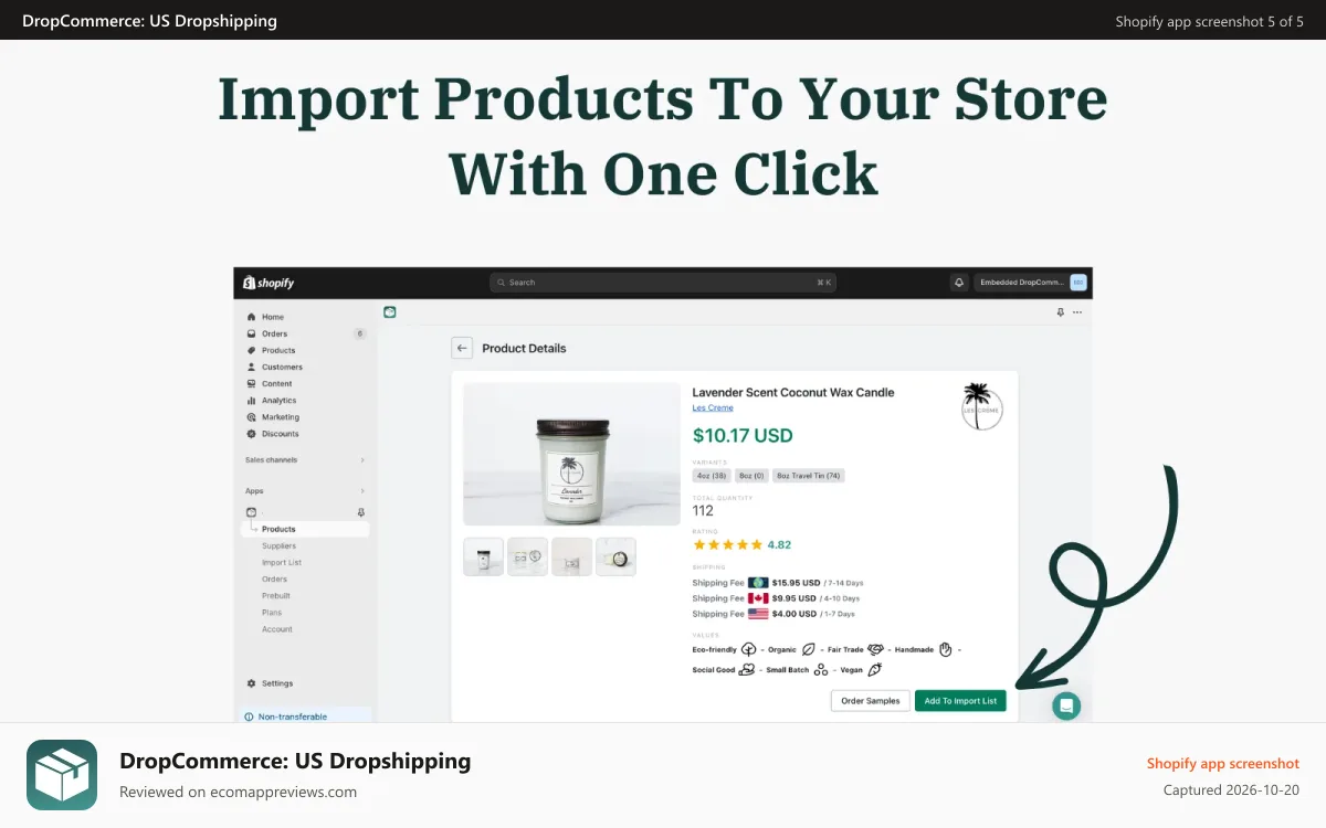 DropCommerce: US Dropshipping Shopify app screenshot: Import Products To Your Store Without Headaches
