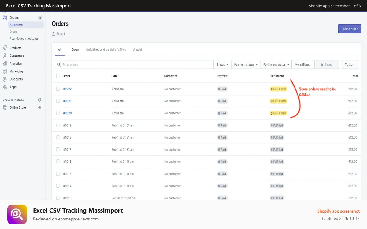 Excel CSV Tracking MassImport Shopify app screenshot: Some orders to fulfill